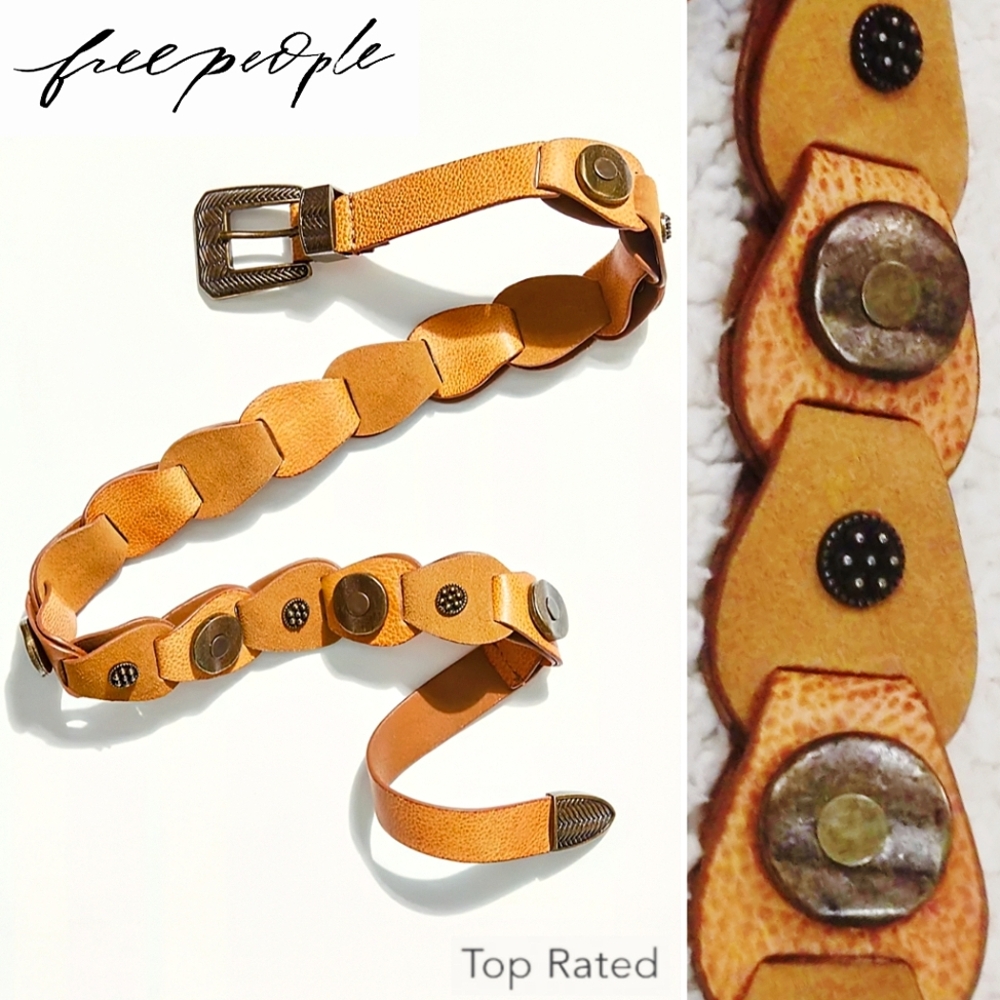 RARE*FREE PEOPLE Medallion Raw Cowhide Leather Bohemian Belt $98-FP.COM 2021'